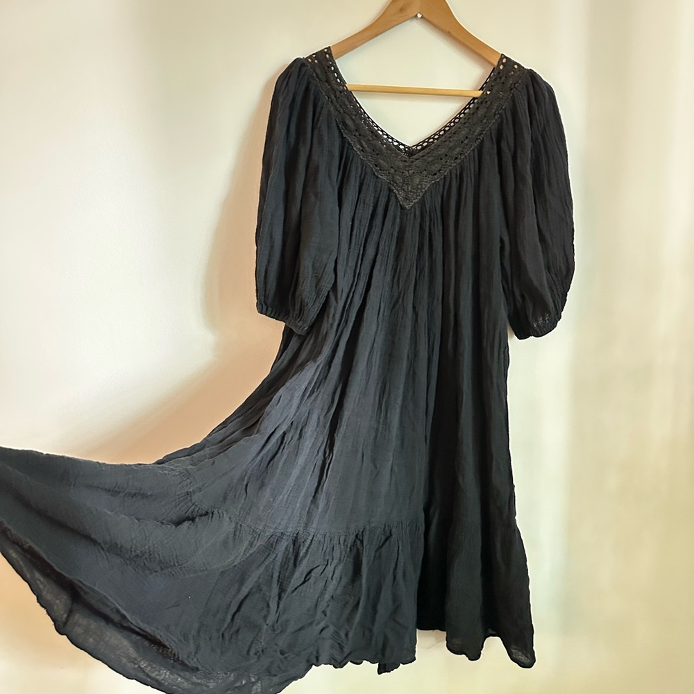 Vintage Black Indian Cotton Midi Dress Half Sleeve Flowy Trapeze Dress Medium
